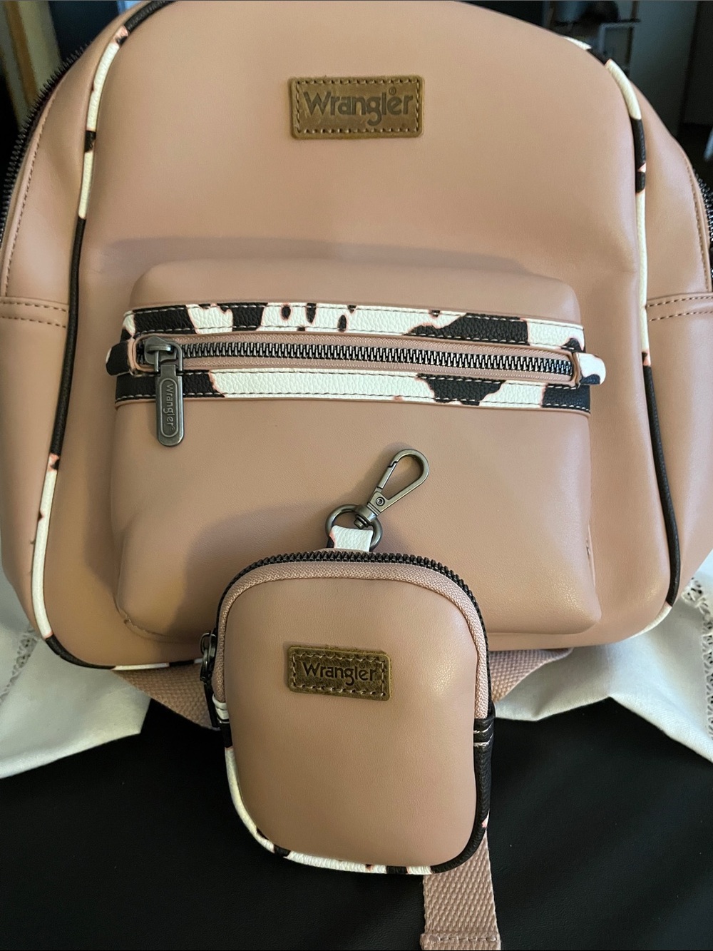Wrangler Tan  Faux-Leather Backpack with Animal Trim With Clip On Pouch NWOT